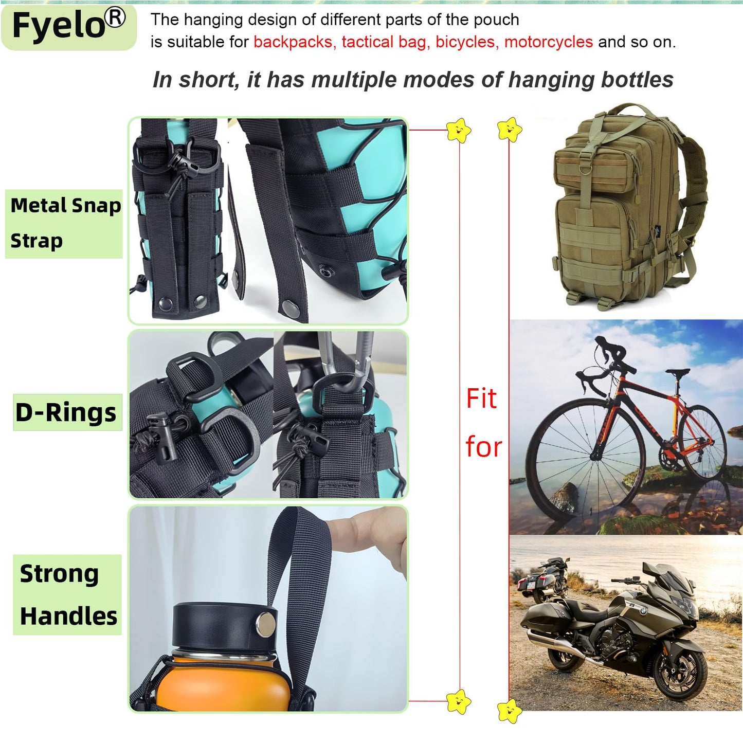 Fyelo Molle Water Bottle Holder Tactical Pouches 32 40 64 oz Multi Use for Outdoor Sports/Backpack/Vest/Belt/Bike, 3 Color (Black, Brown, Green)