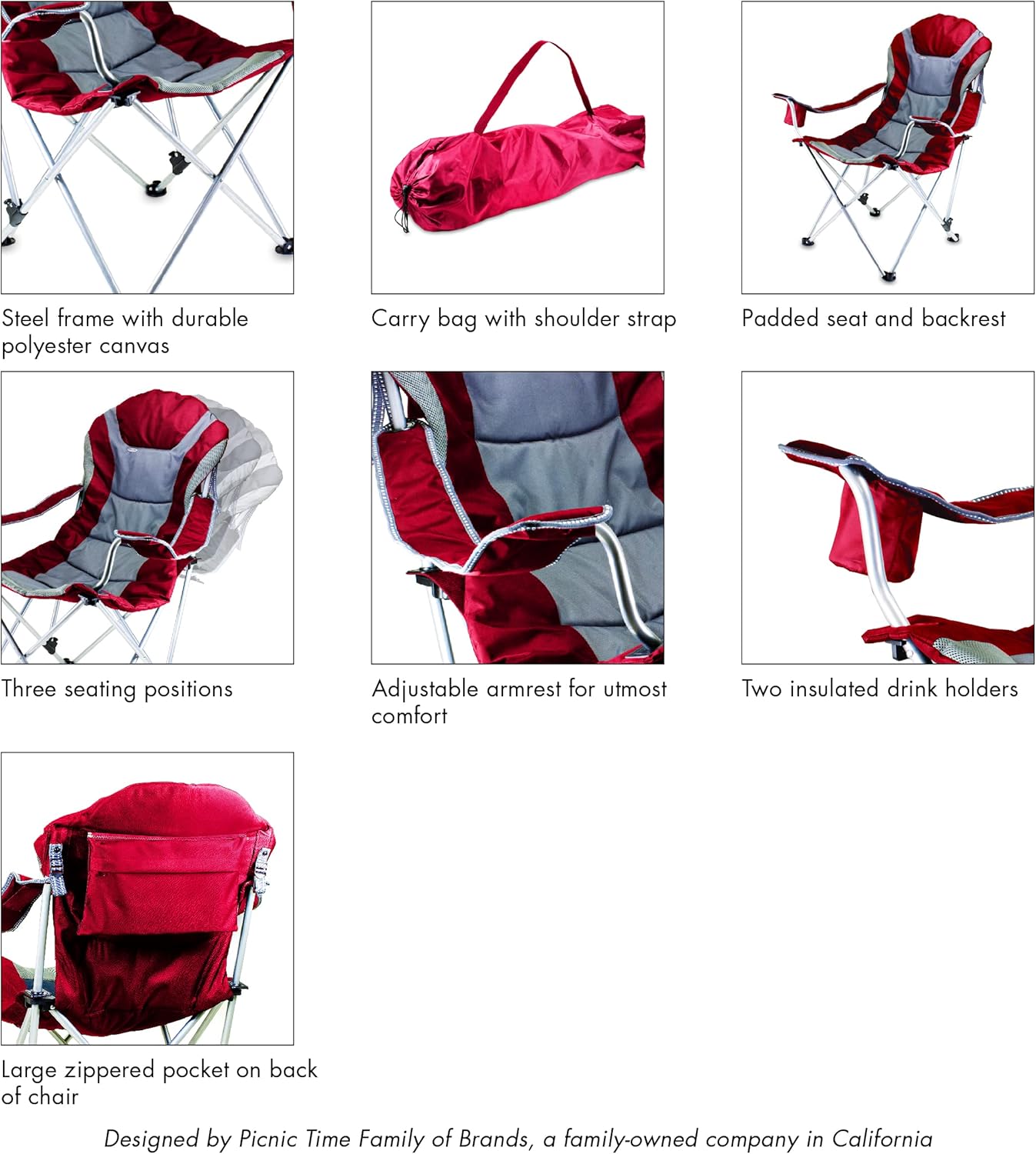 Picnic TIME Reclining Camp Chair, Beach Chair for Adults, Sports Chair with Carry Bag