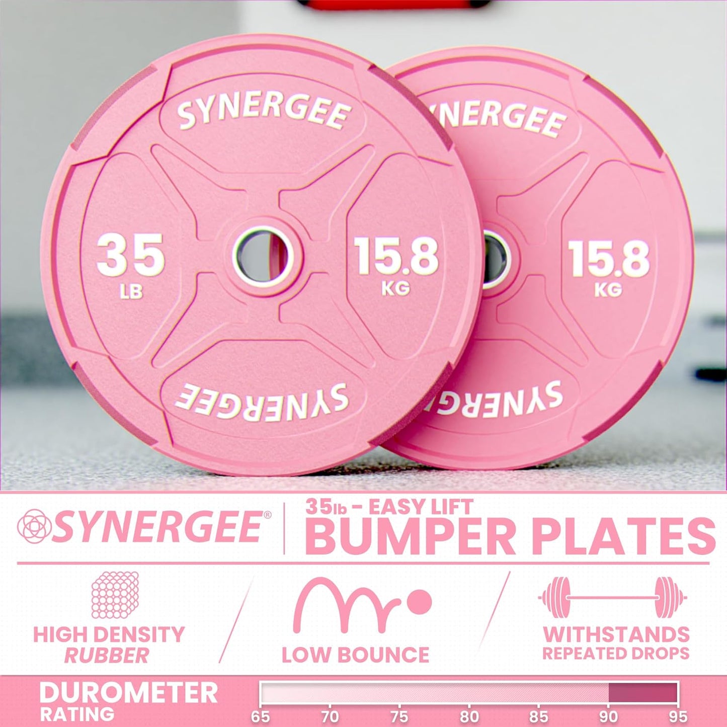 Synergee Bumper Plates – Durable Olympic Weight Plates, Low-Bounce Rubber for Strength Training, Powerlifting, and Functional Workouts.
