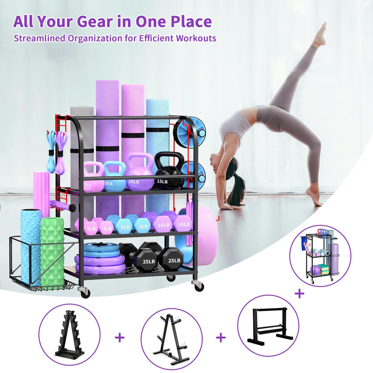 Home Gym Organizer - Yoga Mat Storage Rack, 400LBS Metal Gym Equipment Storage Cart with Large Basket & Movable Hooks, Dumbbell Rack & Weight Storage Racks for Workout Gear (Black)