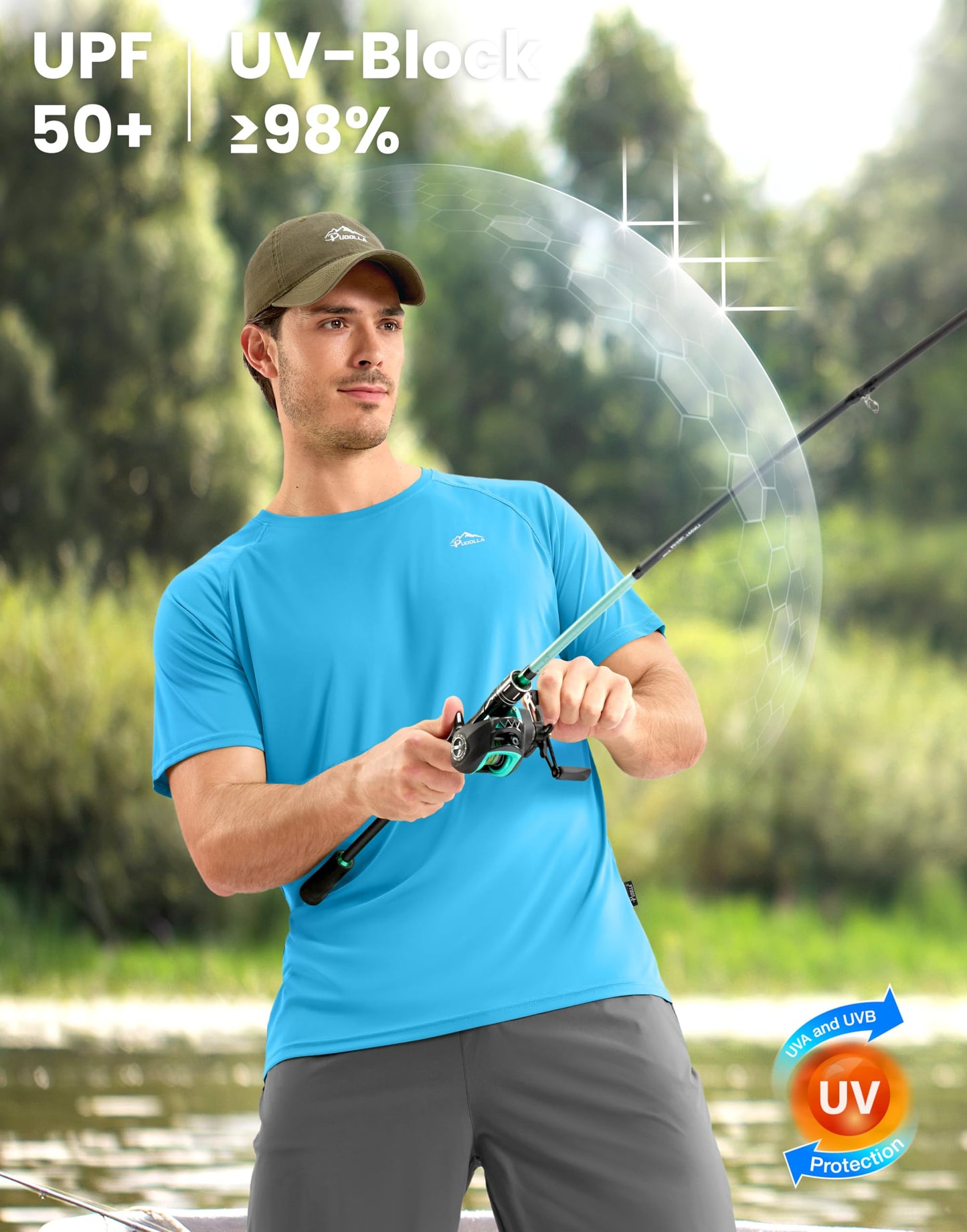 Pudolla Men's Rashguard Swim Shirts Short Sleeve UPF 50+ Sun Protection SPF Quick Dry Water Shirt(Sky Blue M)