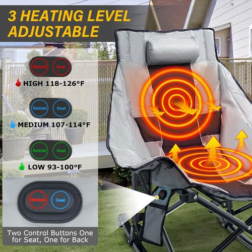 SOROVEE Heated Camping Chair Oversize, XL Heated Rocking Chair with 3 Levels for Back and Seat, Portable Outdoor Heated Folding Chair, Heavy Lawn Chair for Camping (Grey, Included Power Bank)