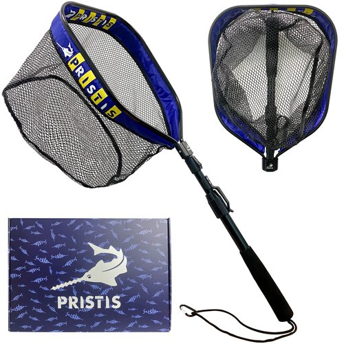 Pristis 12'' Depth Floating Lightweight Fishing Net with Telescopic Pole Handle, 39'' Foldable Extendable Rubber Coat Folding Landing Dip Net for Boat Kayak Fish Catch Release Freshwater Saltwater