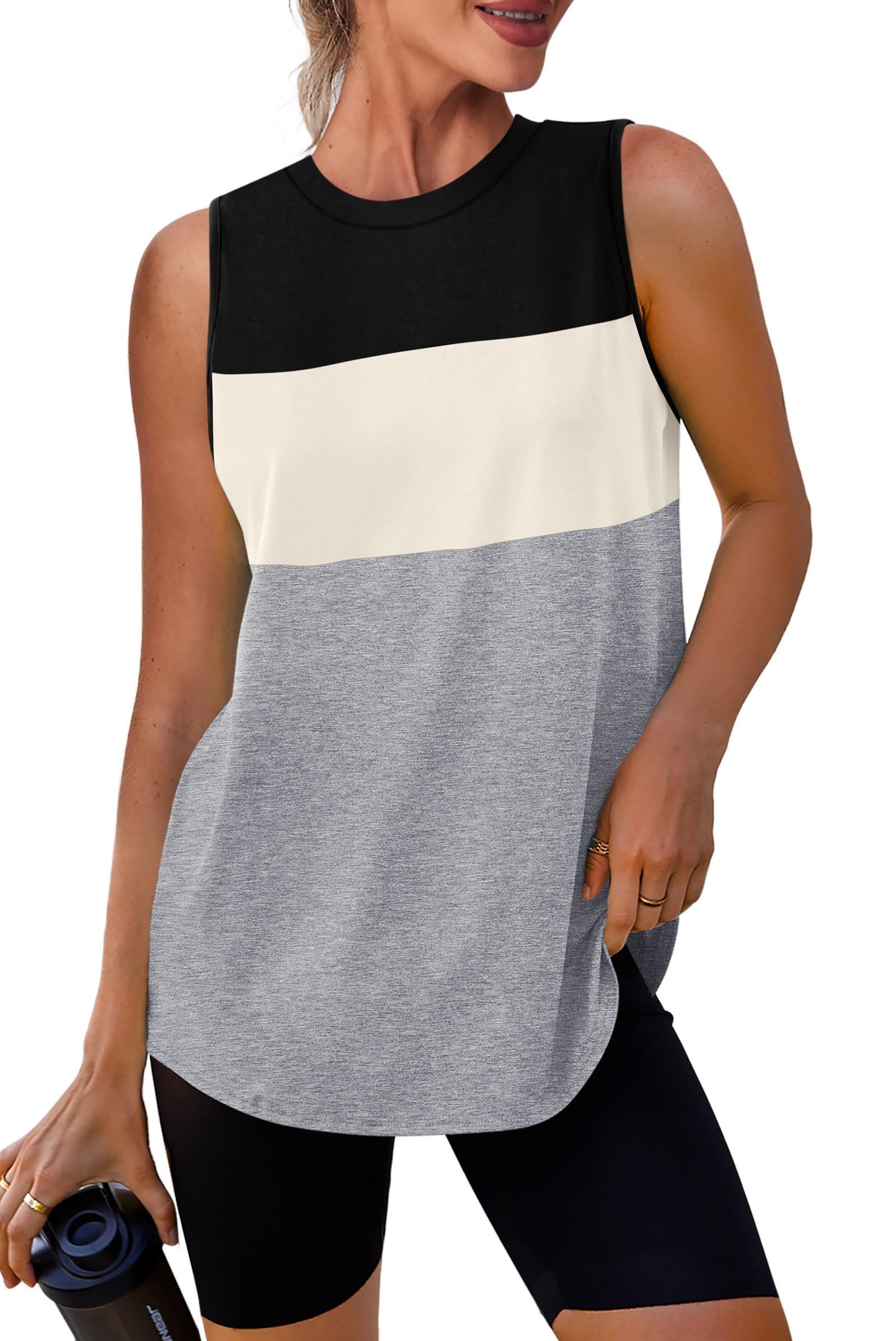 Womens Workout Tops Athletic Sleeveless Shirts Exercise Running Tank Tops Active Gym Tops Black White Grey L