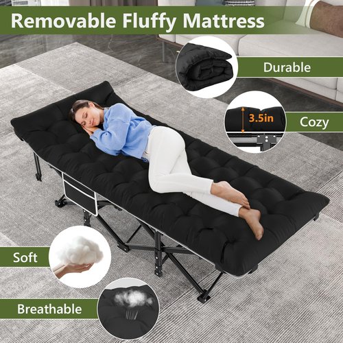 Slendor Camping Cot, Folding Camping Cots for Adults, Portable Sleeping Cot with Carry Bag, 1200D Double Layer Oxford, Camp Cot Bed for Guest Travel, Hiking, Support 500lbs, Black