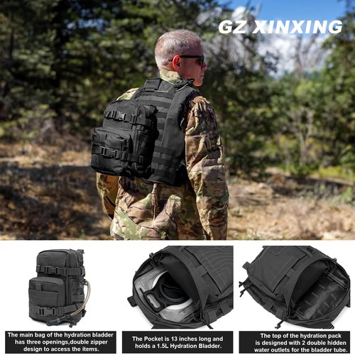 GZ XINXING Tactical Hydration Backpack, Outdoor Water Backpack Carrier Pack for Vest Backpack, Holds 1.5L Water Bladder, Mini MOLLE Tactical Backpack for Hiking, Biking, Running, Climbing