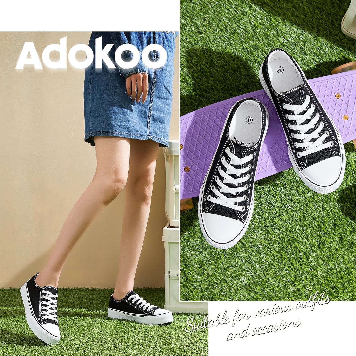 Adokoo Canvas Tennis Shoes for Women Low Top Casual White Black Sneakers for Women Lace Up Fashion Comfortable Walking Shoes (Black,8)