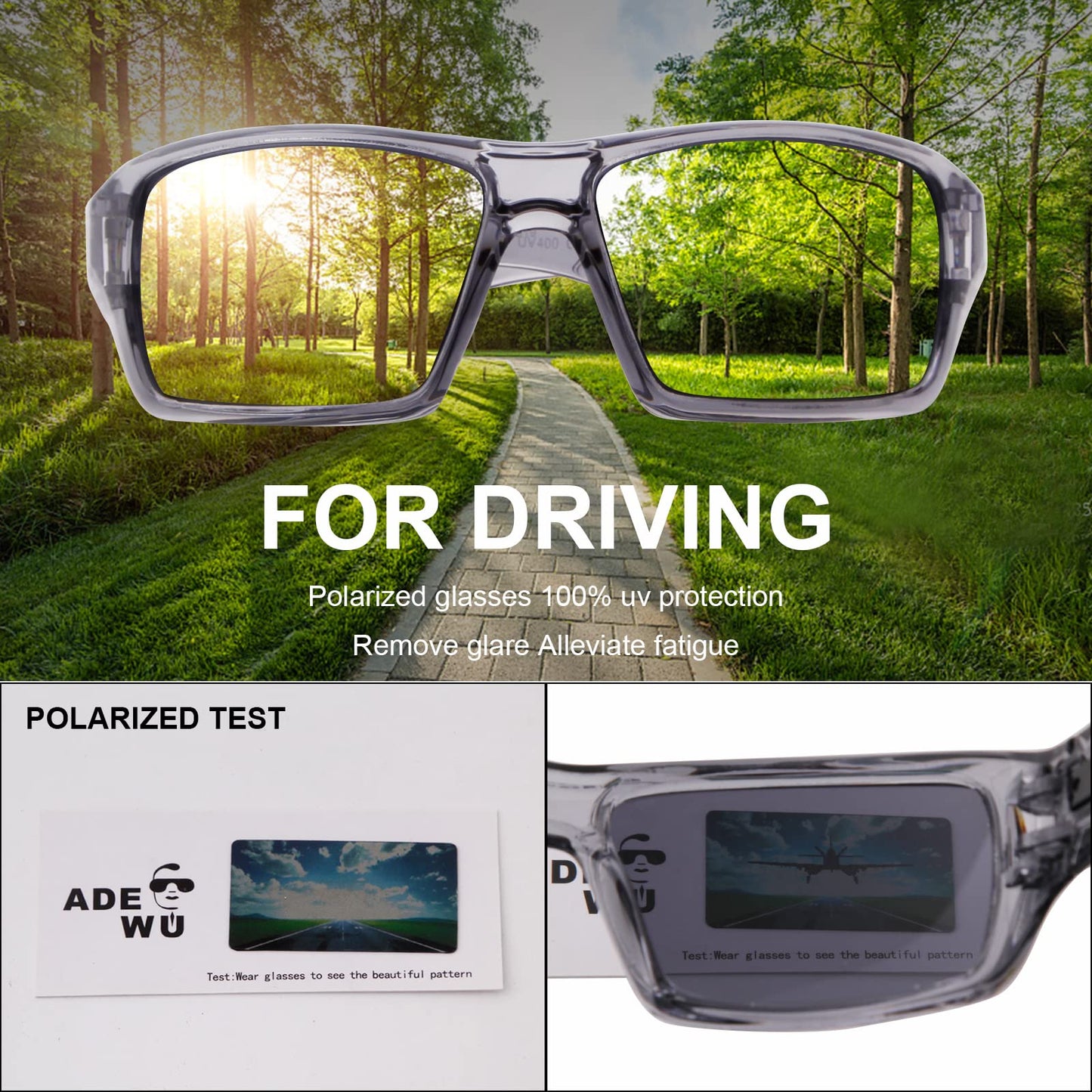 ADE WU Polarized Sports Sunglasses for Men Women, Trendy Rectangle Sunglasses Mens Designer Eyewear for Driving Cycling Fishing (Transparent Grey)