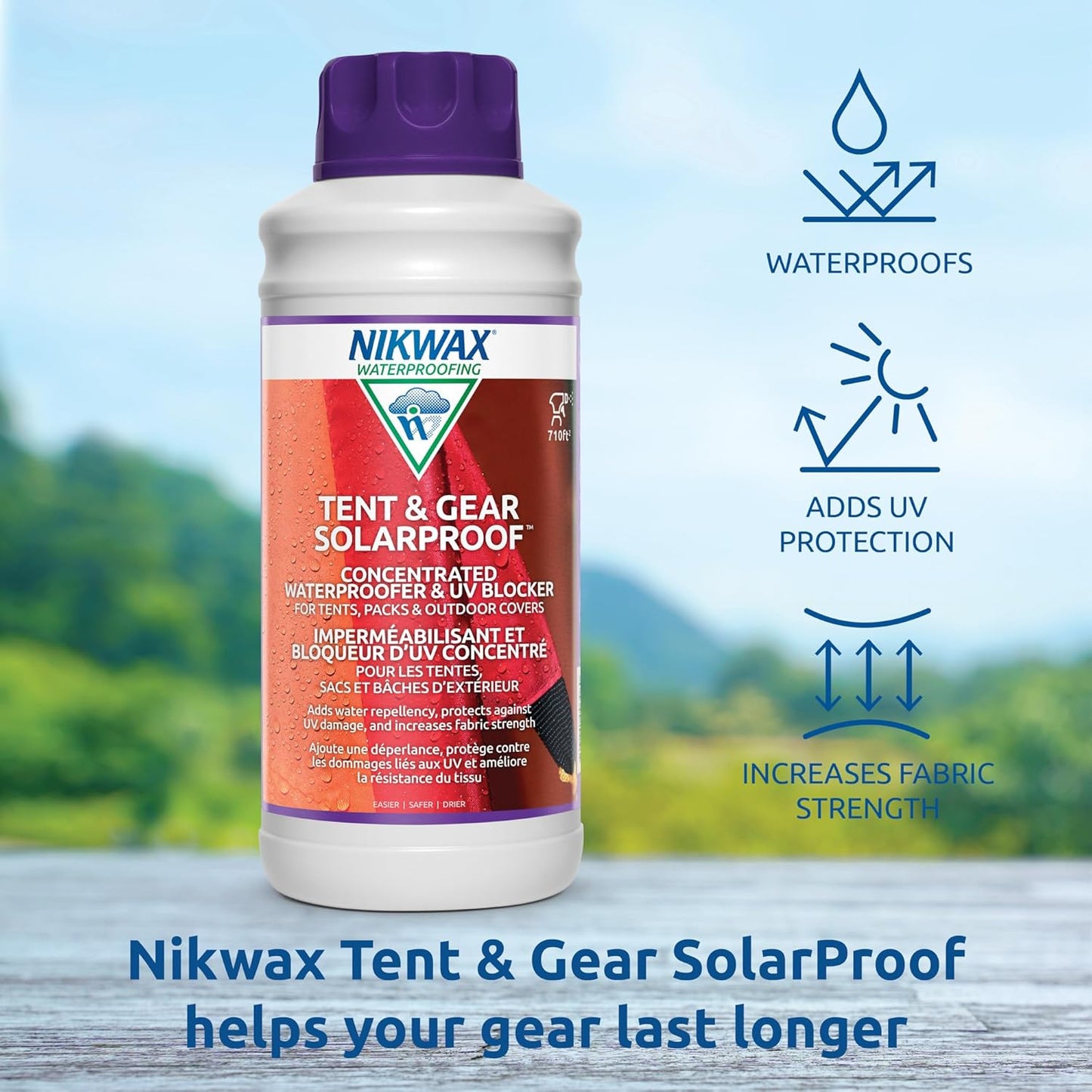 Nikwax Tent & Gear, Tent & Gear Solarproof, 1000ml Concentrate, Waterproofing and UV Protector, Rain Protector, Restores DWR Water Repellency on Outdoor Fabric, Rain Fly, Canvas, Covers, Backpacks
