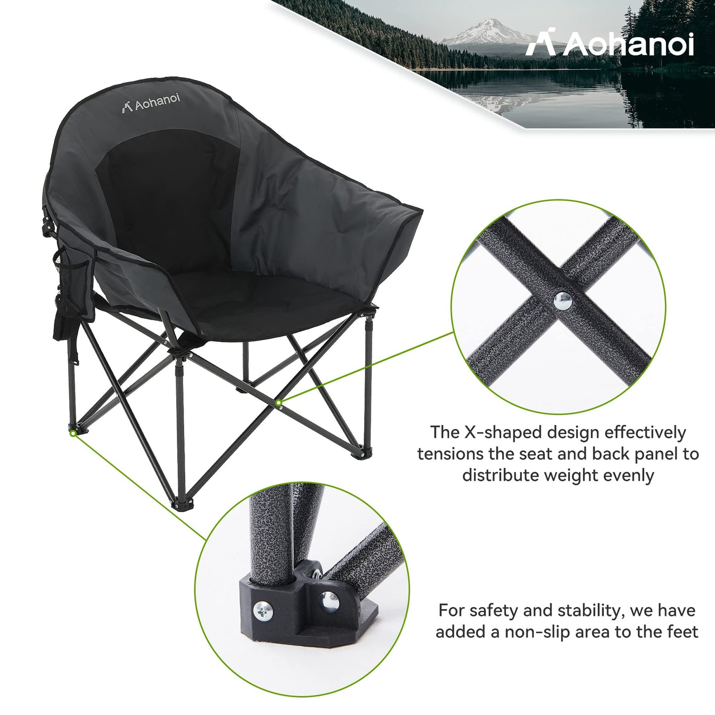 Aohanoi Oversized XL Camping Chairs for Adults, Padded Folding Camp Chair with Extra Wide Seats, Cup Holder & Side Pocket for Outdoor, Lawn, Picnic, Fishing, Sports, Lounge Moon Chairs, Black