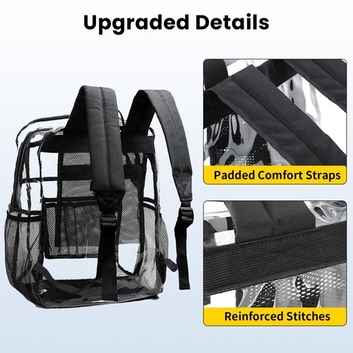 Vorspack Clear Backpack Heavy Duty - Clear Book Bag with Multi-pockets Large See Through Backpack for College Workplace - Black