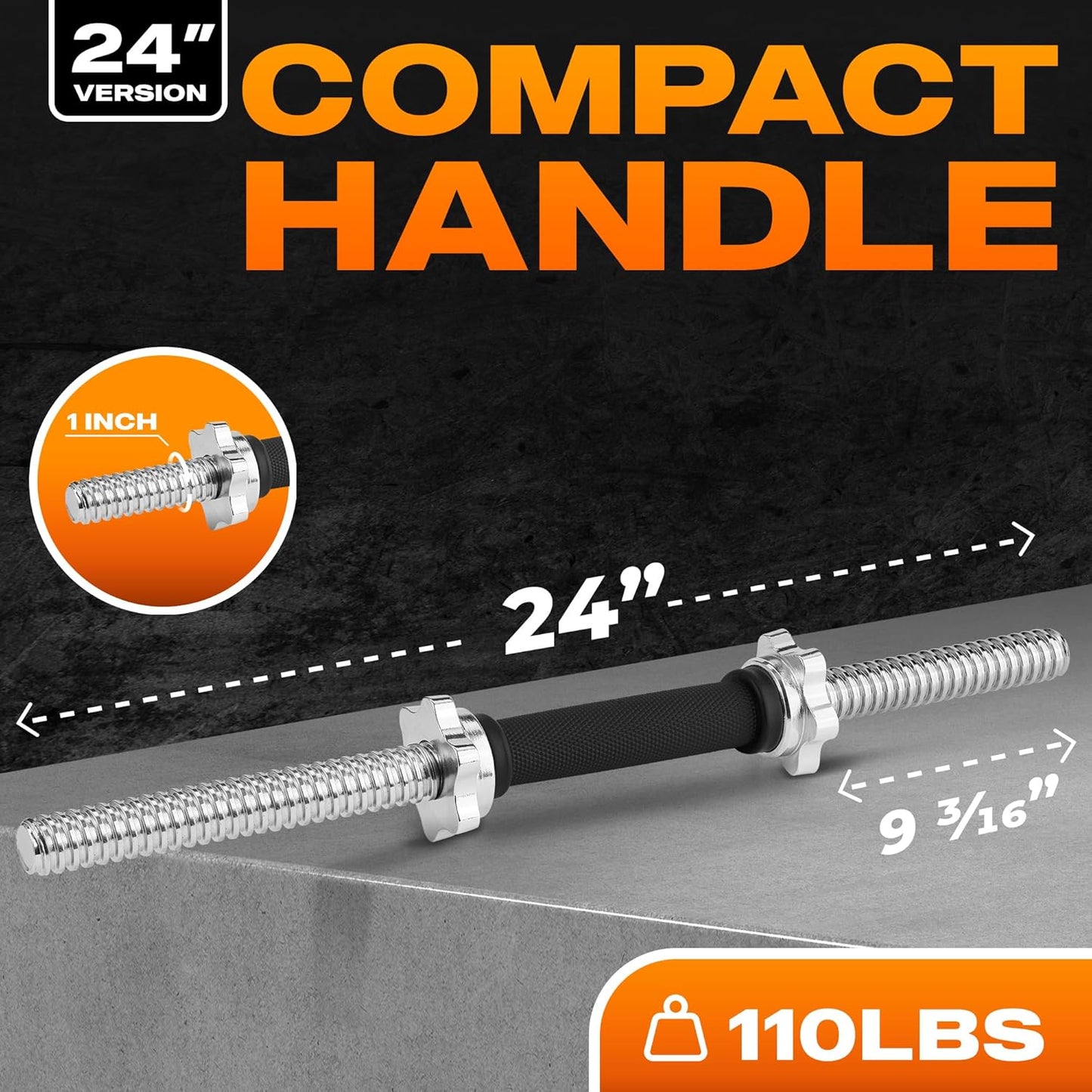 Yes4All Pair of Threaded Dumbbell Handles 14/16/18/24 inch, Chrome/Rubber Grip, Fit 1” Plates, Weight Bar Connector
