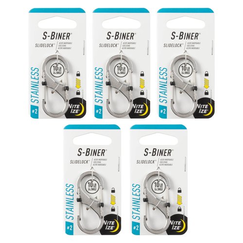 Nite Ize S-Biner SlideLock Stainless Steel - Secure Key Holder Carabiner with SlideLocks - Key & Keychain Organizer - Lockable Carabiner for Daily Use - 10lb Weight Rating - Size 2, Stainless (5 Pack)