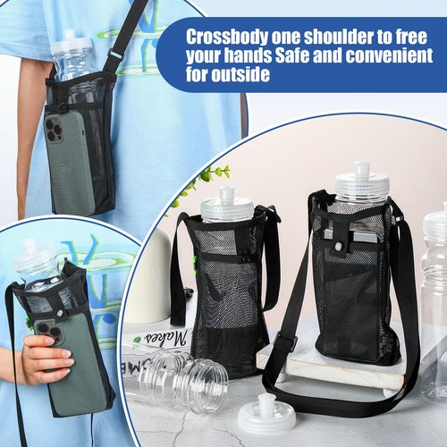 Talltalk 6 Pcs 25 oz Bulk Water Sports Bottles for Kids DIY Squeeze Reusable Plastic with Mesh Adjustable Shoulder, Reusable Transparent Bottles Holder with Adjustable Strap Carrier for Boys Girls