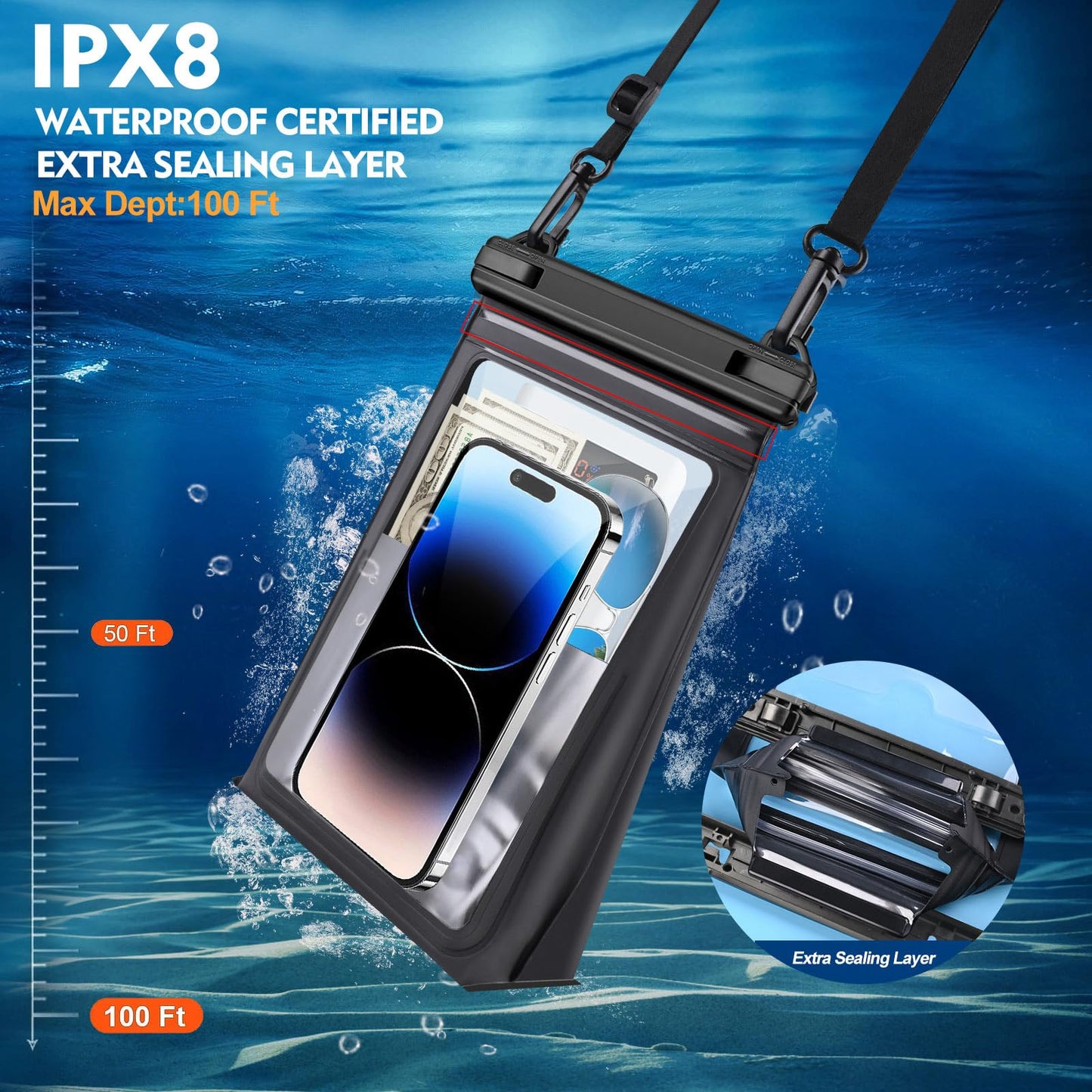Large Floating Waterproof Phone Pouch [with Sealing Strip], Cell Phone Dry Bag for iPhone 17 16 15 14 Pro Max Galaxy S26 Ultra S25 All Devices, Waterproof Bag for Kayak Beach Vacation Essentials