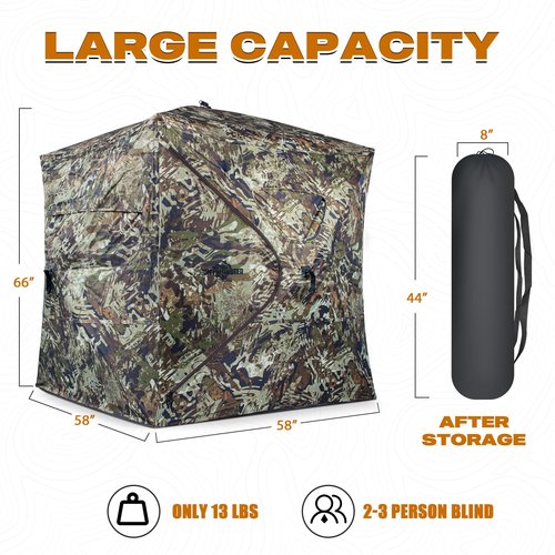 ShedOFF Hunting Blind 1-3 Person with Portable Hunting Chair, 270 Degree See Through Pop up Ground Blinds for Deer Turkey Duck Hunting, Bow Hunting Adjust Windows with Silent Zipper(CAMO Rush)