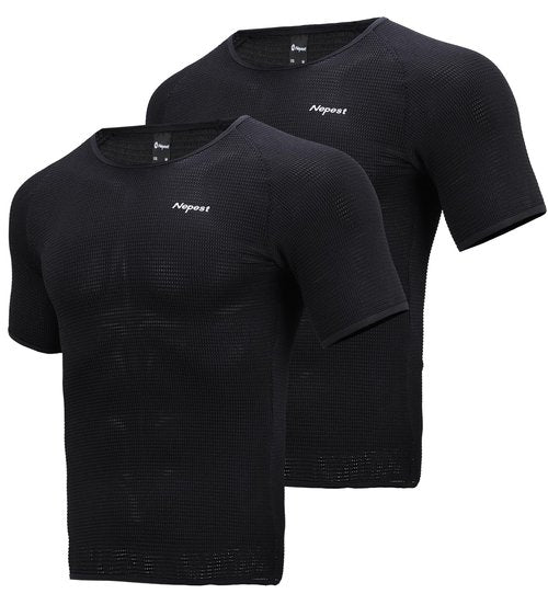 Nepest Men's Short Sleeve Biking Base Layer, 2 Pack Breathable Mesh Cycling Jerseys Bicycle Tops Ultralight Bike Baselayer Undershirt Sports Lightweight Quick Dry Black,L