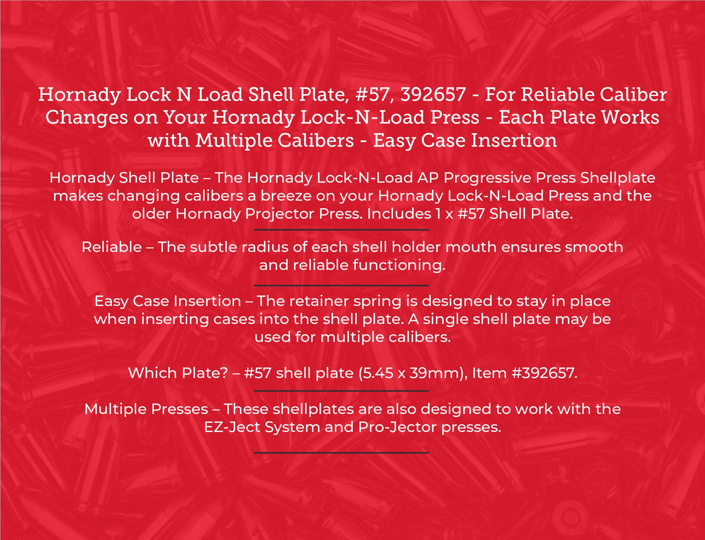 Hornady Lock N Load Shell Plate, #57, 392657 - for Reliable Caliber Changes on Your Lock-N-Load Press - Each Plate Works with Multiple Calibers - Easy Case Insertion