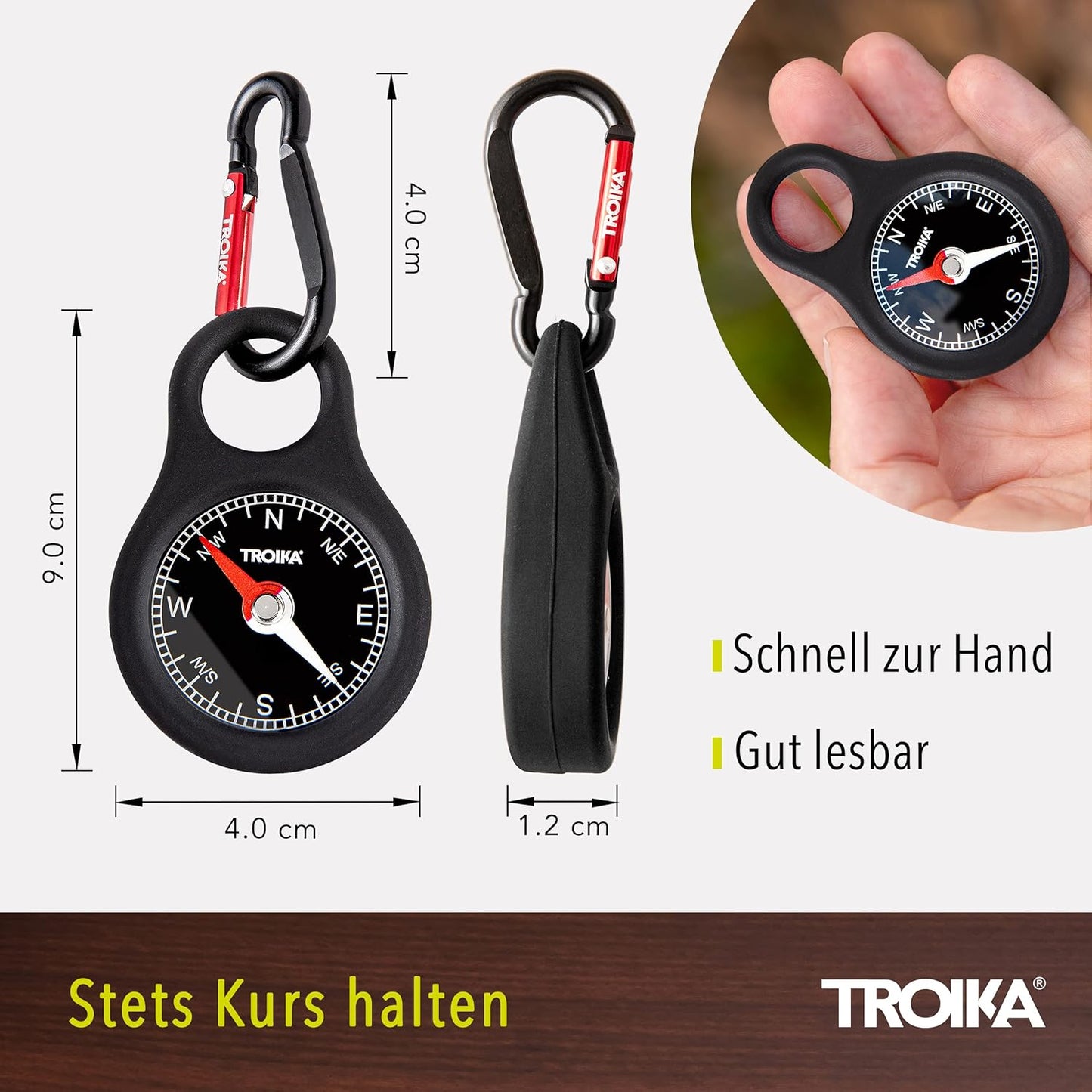 Troika Wegweiser, Item COS10/BK Pocket Compass with Carabiner Black