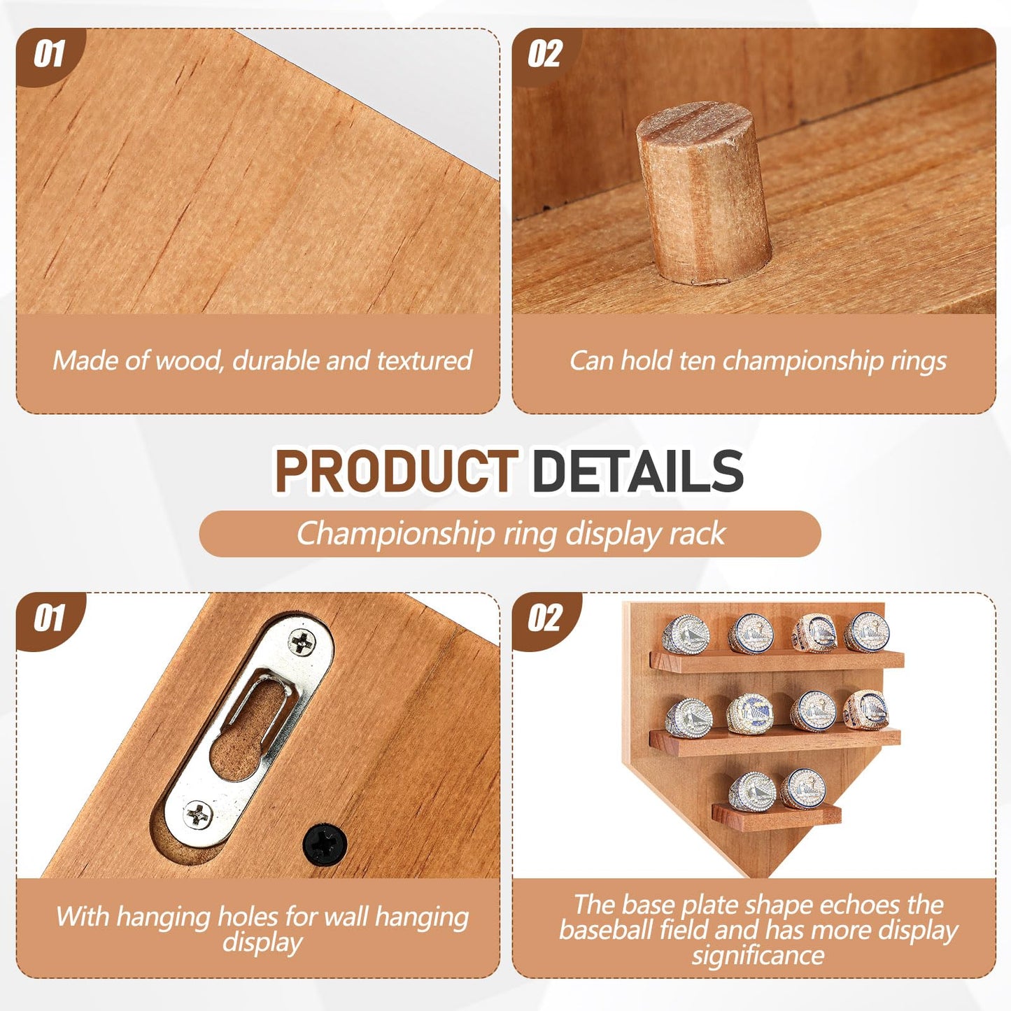 Foilswirl Championship Ring Display Case - 10 Posts Sports Holder Stand 8.6 x 8.5 In Wall Mount Storage Organizer - Gift for Baseball Basketball Football Softball Men Award