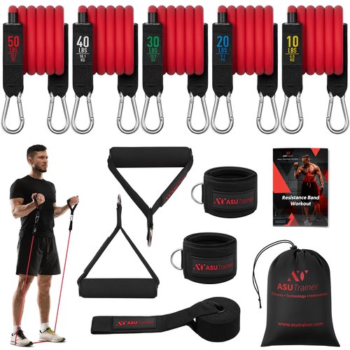 Tube Resistance Bands, 5 Exercise Bands, 10–50 lb, Tough Exercise Equipment Made of Durubbex, Resistance Bands for Working Out w/Ankle Straps & Door Anchor, Fitness & Workout Equipment