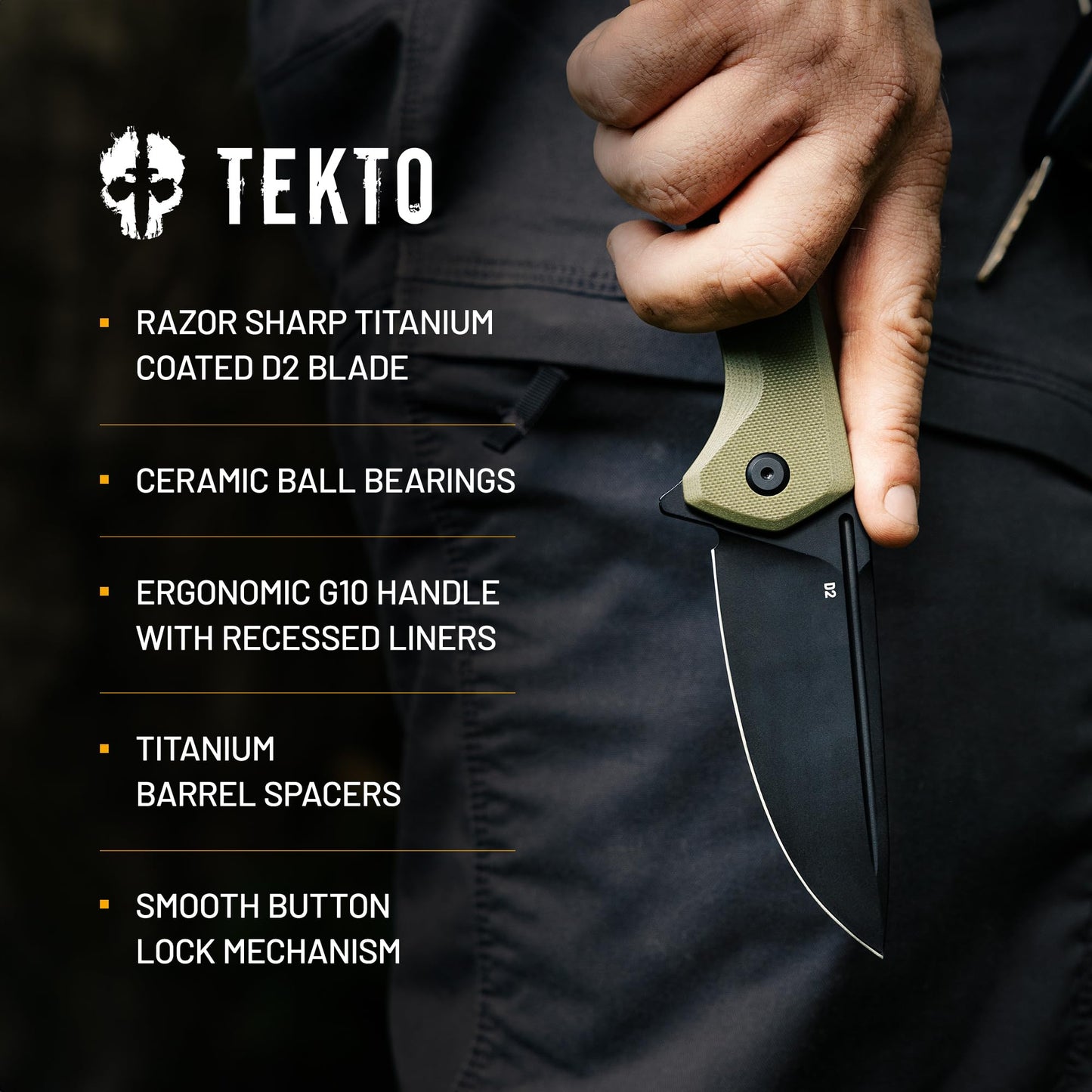 TEKTO F3 Charlie Button Lock Folding Knife, Fine Edge Blade, Tactical OD Green G10 Handle - Easy Open Pocket Knife with Titanium Coated D2 Steel & Black Titanium Barrel Spacers
