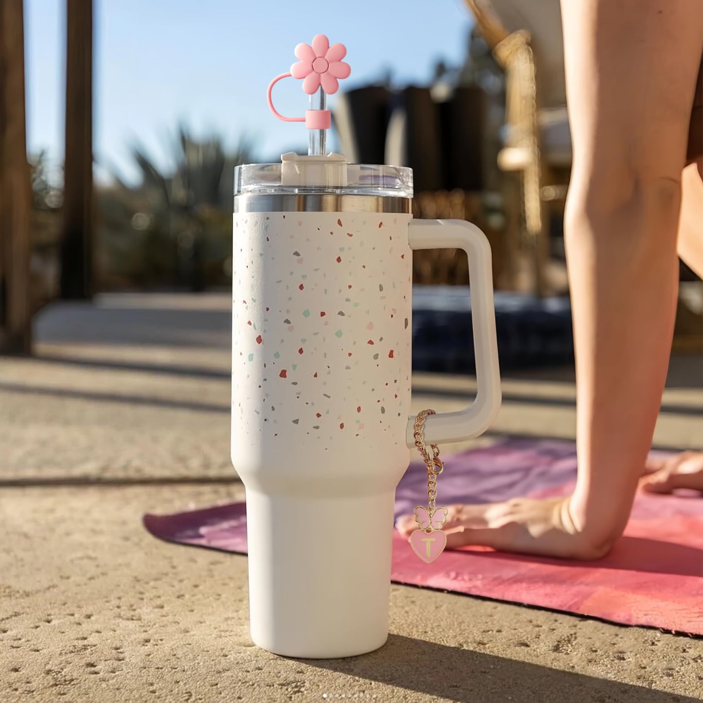 ANLABESY Compatible with Stanley Cup Accessories, 3PCS Hot Pink Straw Toppers for Stanley Cup Straw Cover Cap, 2PCS Cute Letter for 30&40 Oz Tumbler with Handle(A)