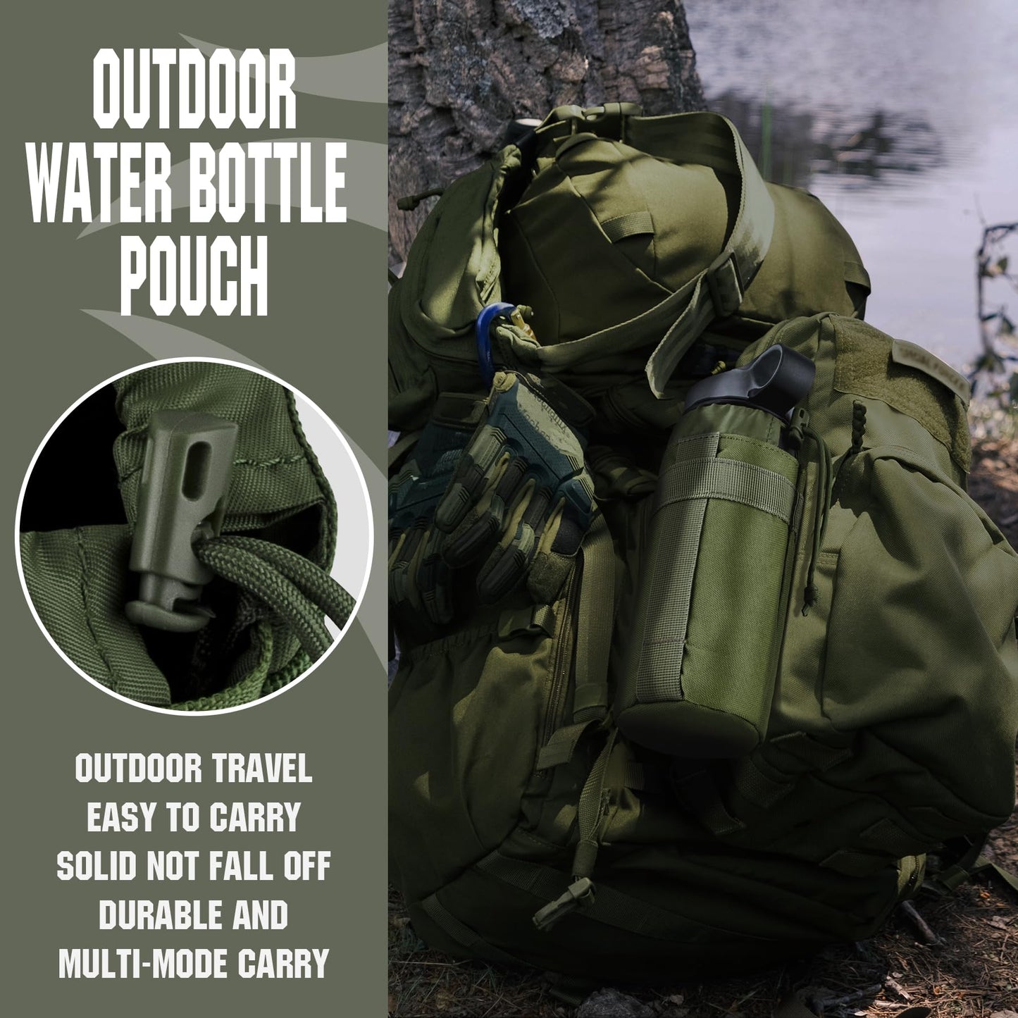 IronSeals 2 Pack Tactical Water Bottle Pouch Foldable Molle Water Bottle Holder Drawstring Open Top Travel Water Bottle Bag for Backpack Camping Outdoor