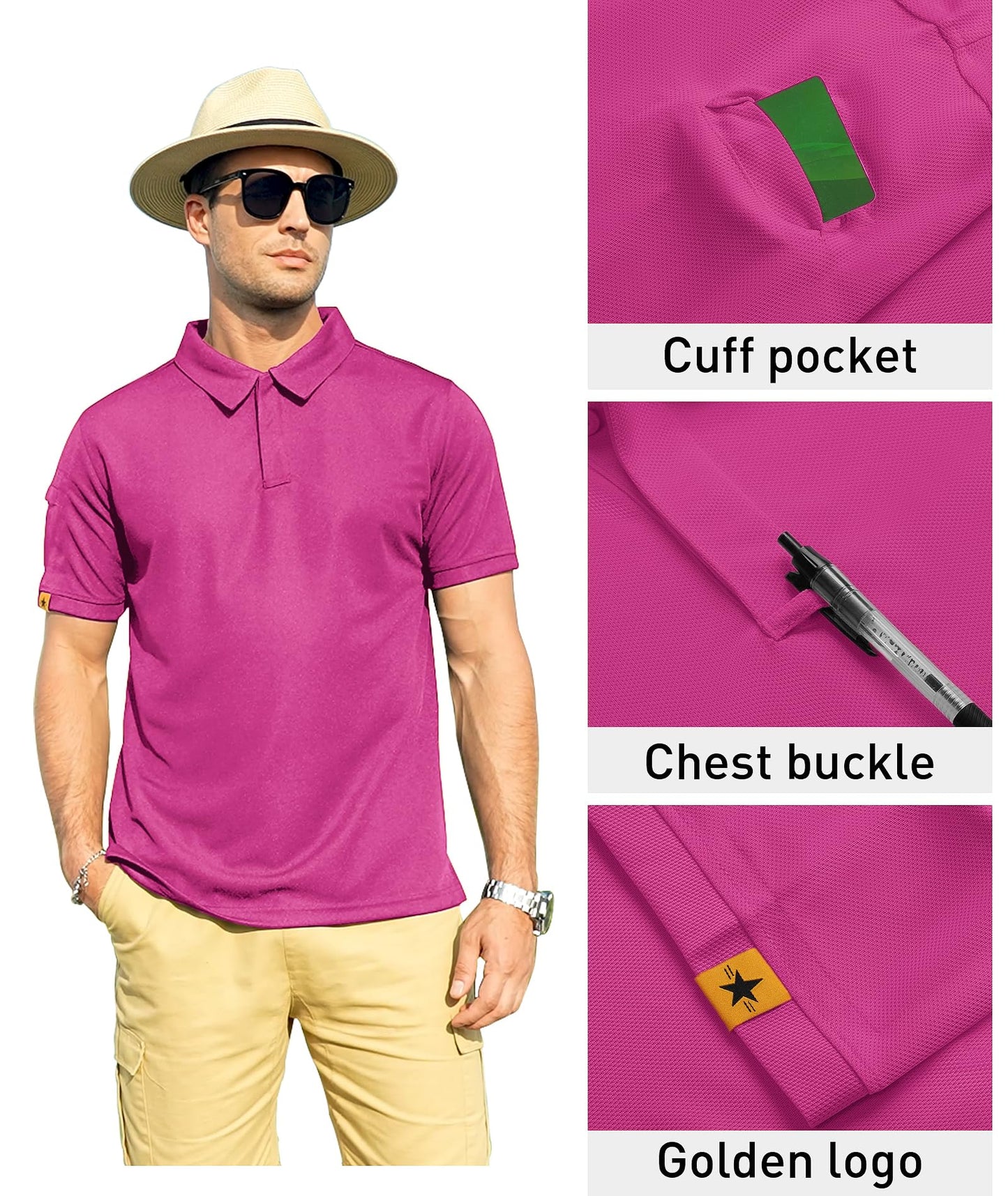 ZITY Mens Polo Shirt Short Sleeve Sports Tactical T-Shirt Athletic Golf Polos Daily Casual Stylish Collared Shirts for Men Rose X-Large
