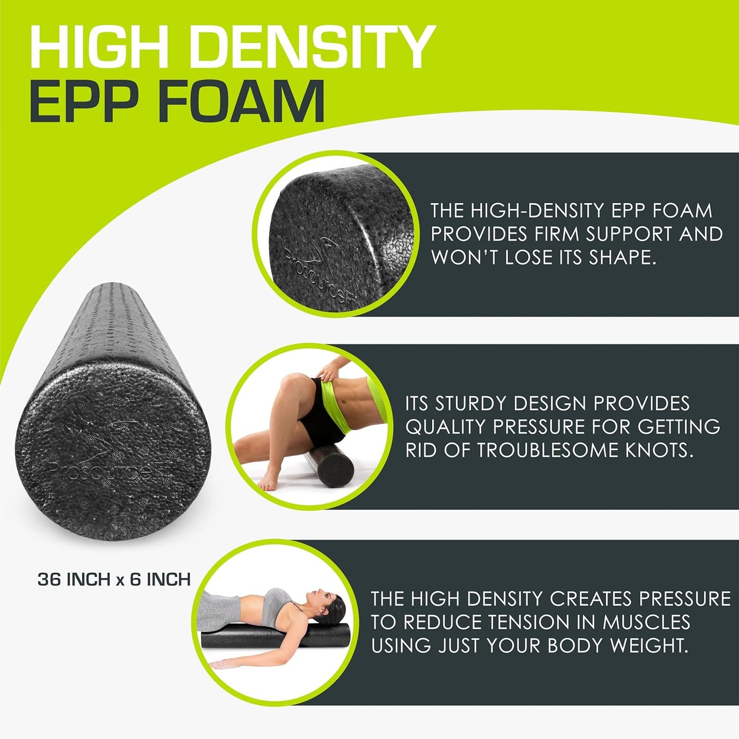 ProsourceFit High Density Foam Rollers 12 - inches Long, Firm Full Body Athletic Massage Tool for Back Stretching, Yoga, Pilates, Post Workout Muscle Recuperation, Black/Green