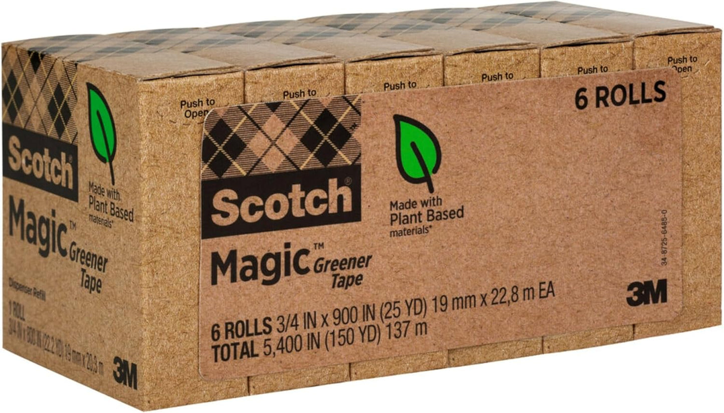 Scotch Magic Tape Stainless Steel Refillable Dispenser with Plant-Based Adhesive Refill Pack, Includes 2 Rolls of Invisible Tape, 3/4 in x 550 in