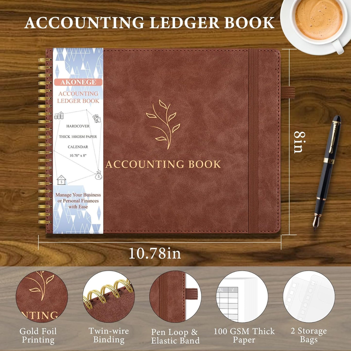 Accounting Ledger Book for Personal & Small Business Bookkeeping, Horizontal Income and Expense Tracker Notebook with Calendar, Hardcover Columnar Log Journal 10.78" x 8", Black