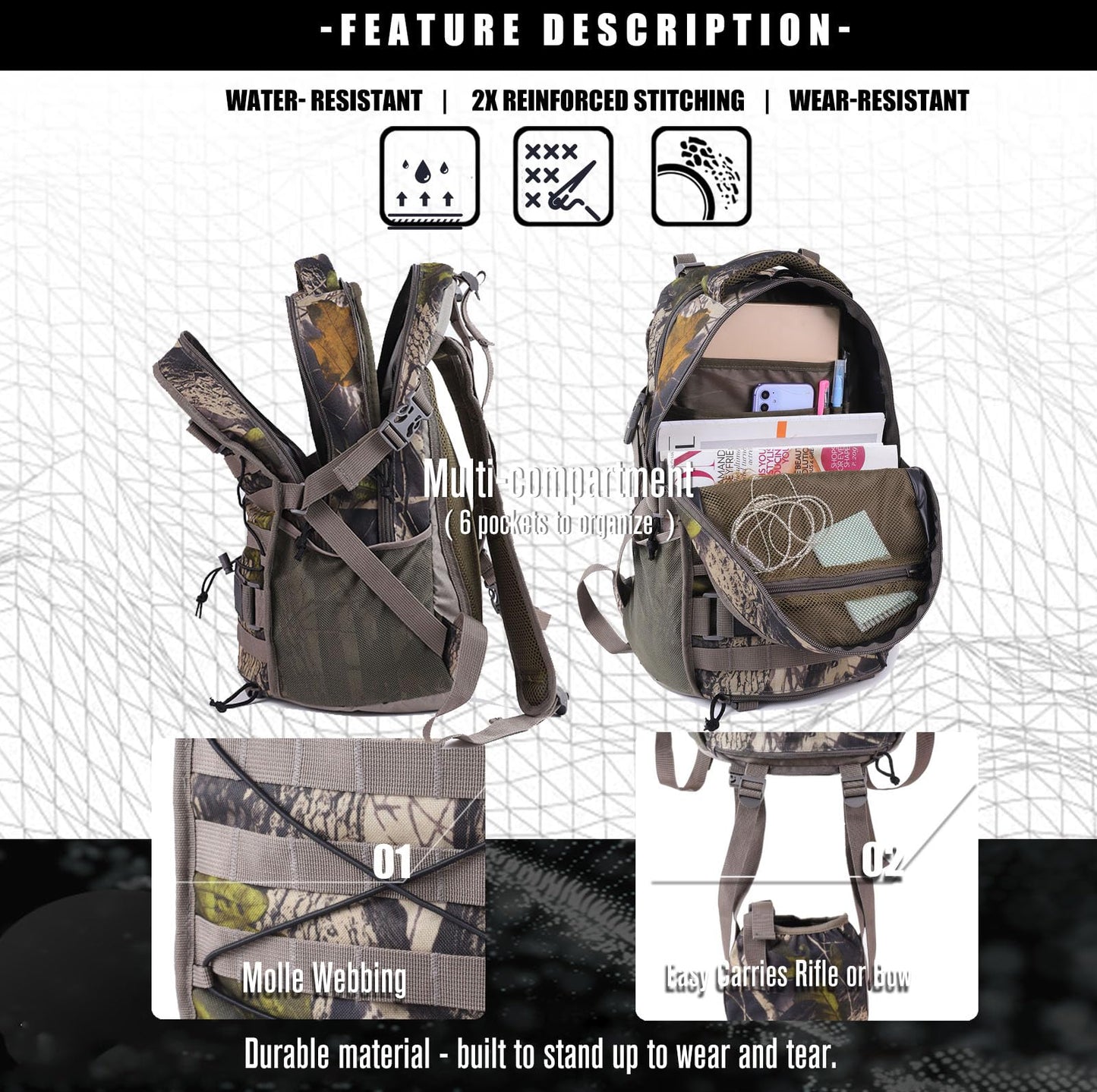 MATIEED Hunting Backpack with Rifle Bow Holder Hunting Daypack with Waterproof Rain Cover for Camping Hiking