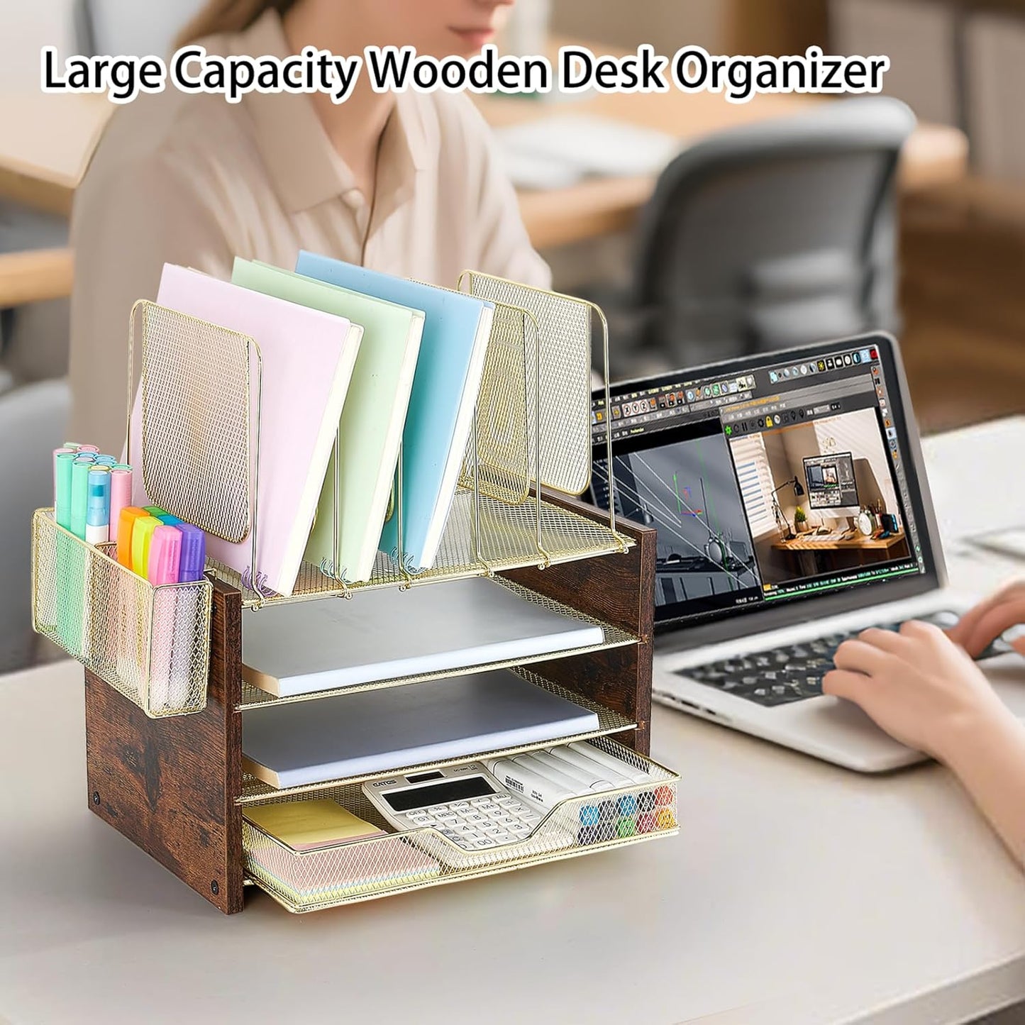 Wood Desk Organizers and Accessories, 4-Tier Workspace Desktop Paper Organizer with Drawer, 5 Vertical File Holders and Pen Holder for Office Supplies