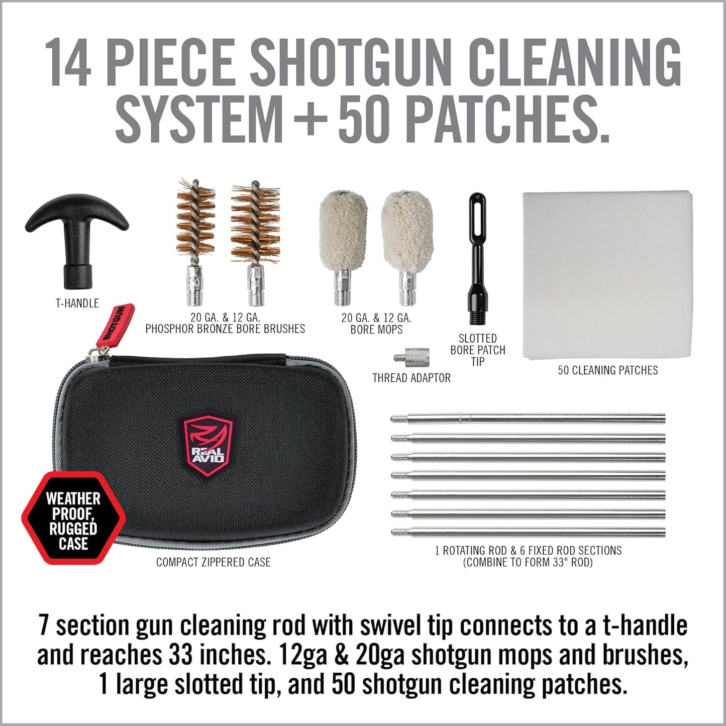 Real Avid Shotgun Cleaning Kit – Compact Cleaning Case for 12 and 20 Gauge with 7 Section Rod, Bronze Brushes, Mops, Bore Patch Tip, Thread Adaptor and 50 Patches - Trap & Hunting Maintenance Kit