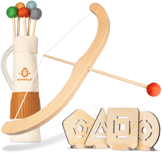 BOWRILLA® Kids Bow and Arrow Set | Wooden Archery Toy for Boys & Girls Aged 3-7, Bow and Arrow for Kids | Includes 5 Arrows, 4 Targets, Cotton Quiver | Indoor & Outdoor Play