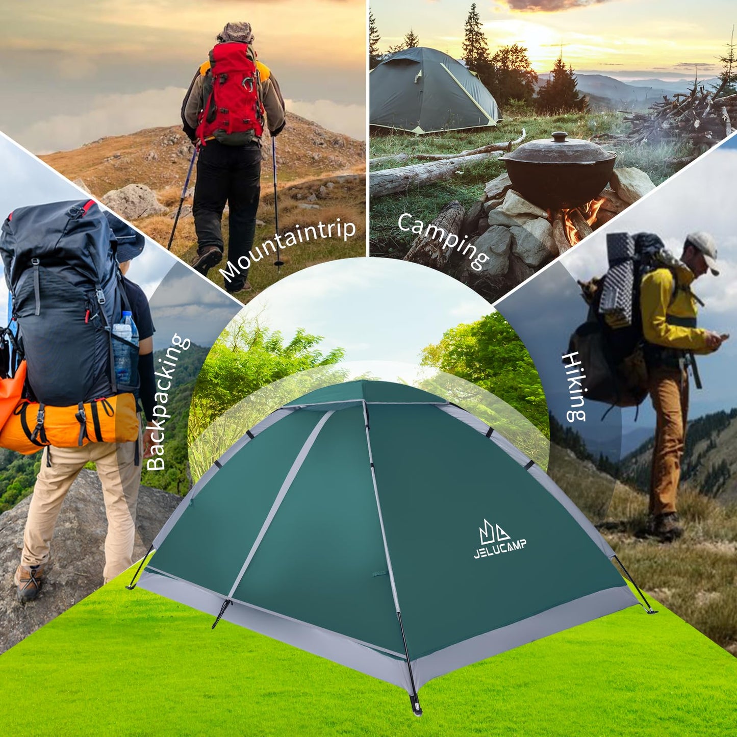 JELUCAMP 1/2 Person Dome Tents for Camping, Lightweight Portable Single Backpacking Tent, Small Easy Setup Outdoor Waterproof Camping Hiking Tent for Adults, 2 Person Tent, Dark Green