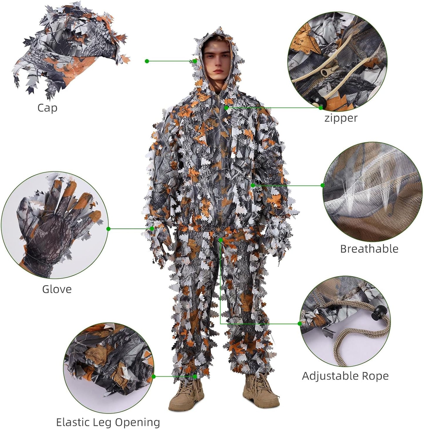 Zicac Outdoor Camo Ghillie Suit 3D Leafy Camouflage Clothing Jungle Woodland Hunting