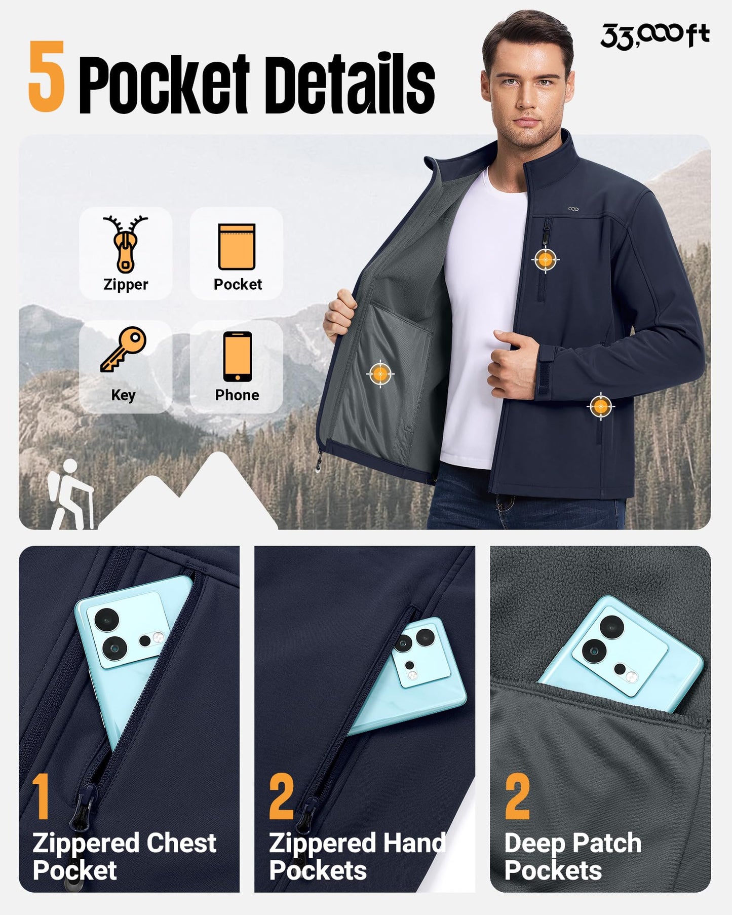 33,000ft Men's Waterproof Softshell Jacket Warm Fleece Lined Windbreaker Lightweight Soft Shell for Travel Hiking Golf