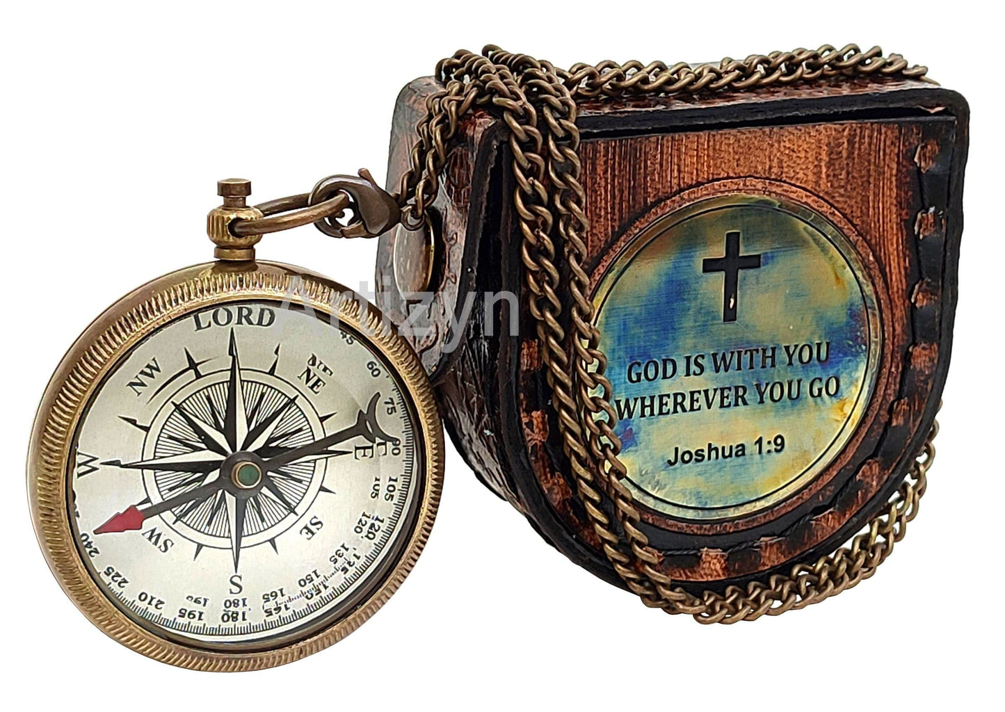 Brass Compass Engraved with Bible Scripture God is with You Wherever You Go Joshua 1:9 Religious Gift, Directional Magnetic Compass with Chain & Leather Carry Case, Baptism Gifts, Confirmation Gifts
