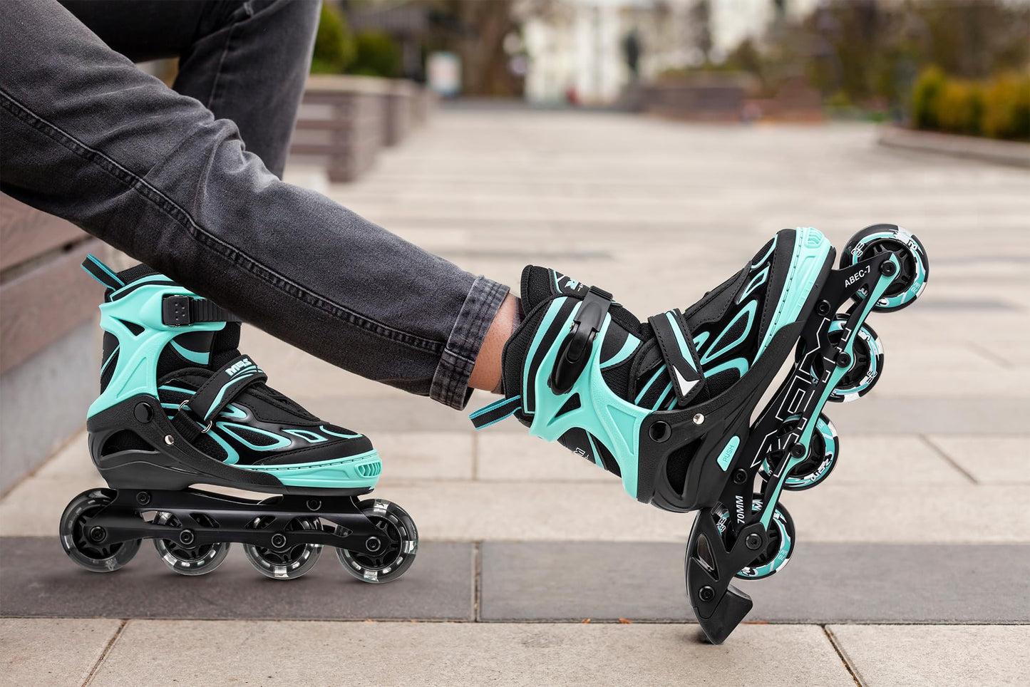2PM SPORTS Vinal Girls Adjustable Flashing Inline Skates, All Wheels Light Up, Fun Illuminating Skates for Kids Women and Men - Mint Small