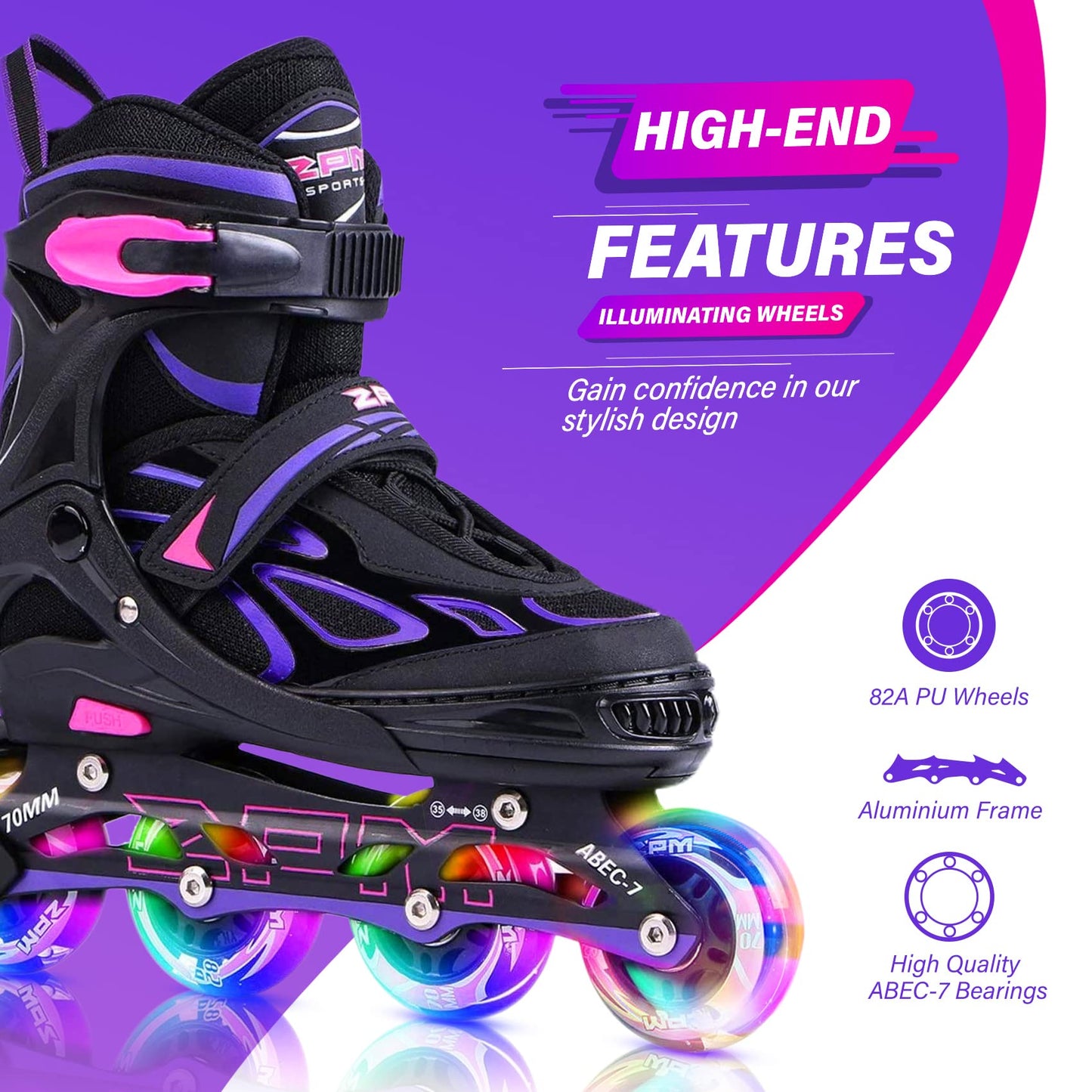 2PM SPORTS Vinal Inline Skates for Women with Light Up Wheels Beginner Skates Fun Illuminating Outdoor Roller Skates for Kids and Adults Men - Vinal Extra Large
