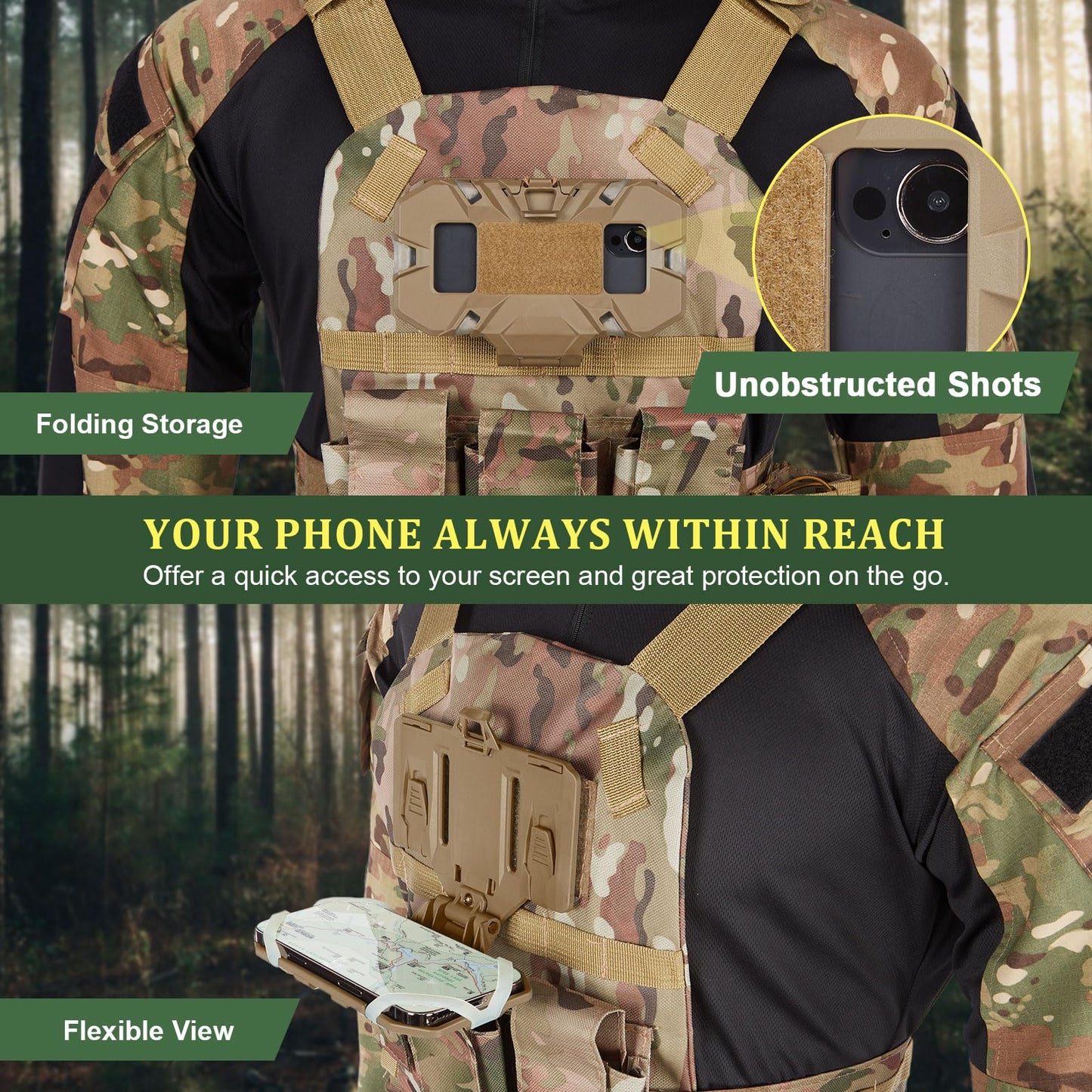 AGPTEK Universal Molle Tactical Phone Holder - Chest Mount for Tactical Vests and Plate Carriers, Phone Mount Fits 4.7"-6.7" Cell Phones, Ideal for Outdoor Paintball, Airsoft, and Hunting（Tan）