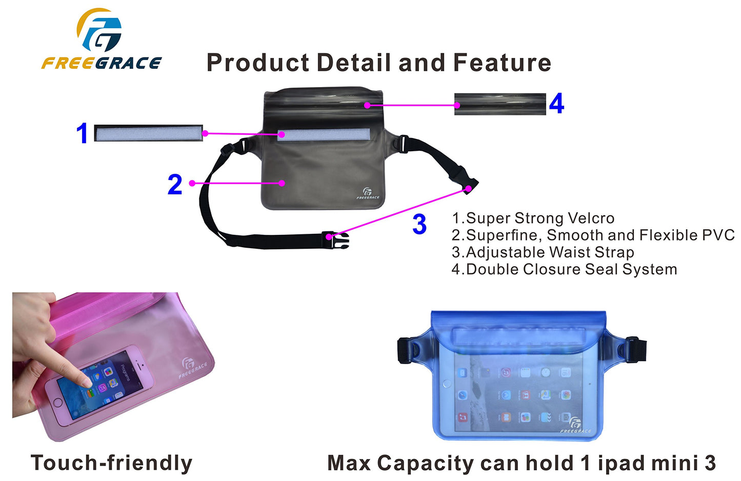 Premium Waterproof Pouch Set with Waist/Shoulder Strap - Best Way to Keep Your Phone and Valuables Dry and Safe - Perfect for Boating Swimming Snorkeling Kayaking (Blue + Waterproof Case)