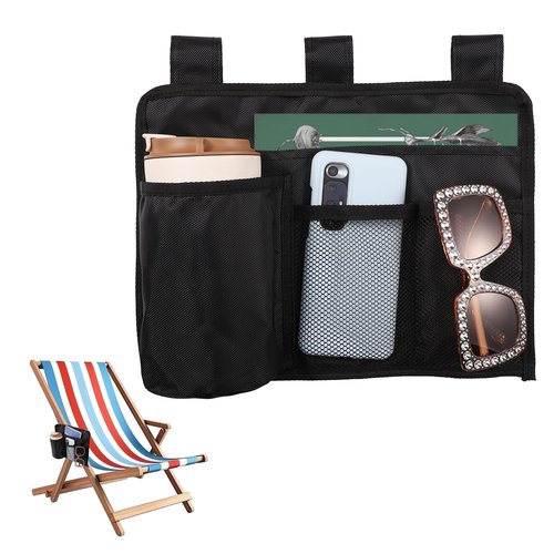 Beach Chair Cup Holder Attachment, Black Nylon Beach Chair Drink Bracket 4 Pockets Hanging Cup Holder Stand Adjustable Strap Phone Holder for Patio Lounger, Foldable Camping & Office Chair