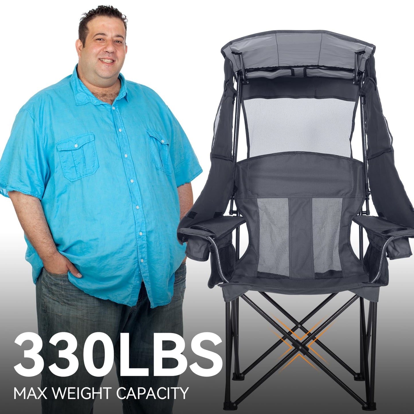 Huskfirm Camping Chair with Canopy Shade - Folding Beach Chair with UPF 50+ Sun Shade, Cup Holder, Side Pocket, Portable Sports Chair for Adults Support 330 LBS, Fishing Camp Outdoor Lawn Chair - Grey