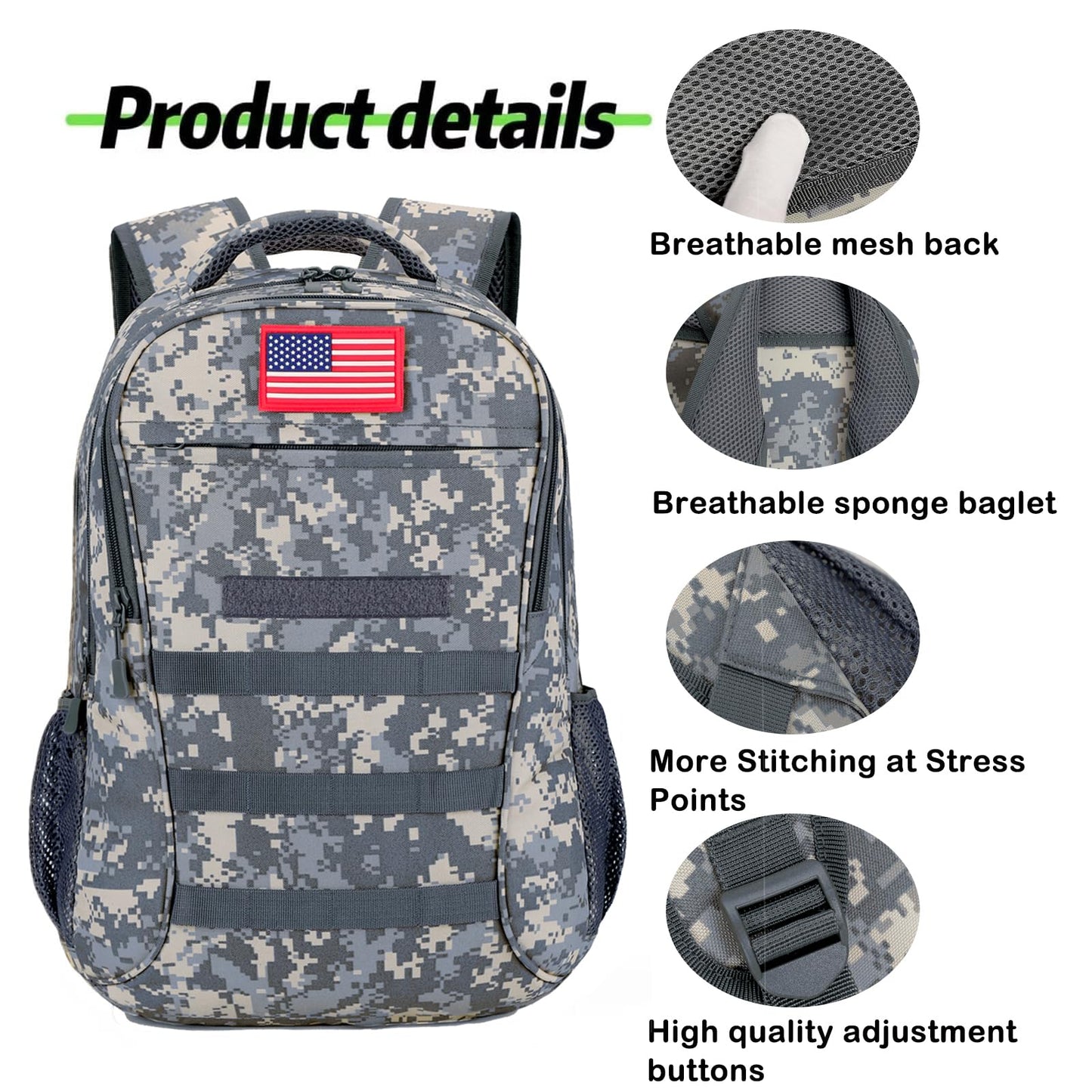 HYSANOG Boys Backpack for School,Military Teen Boys Backpack with USB Charging Pot,Camo Backpack Men 40L