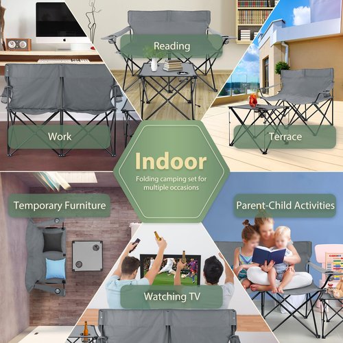 HaSteeL loveseat Camping Chair, Grey Double-Seat Beach Chair with Armrests, Grey Square Fold Up Lightweight Table for Backyard BBQ Fishing Indoor, Portable Chair & Table with Cup Holder, Oxford Fabric