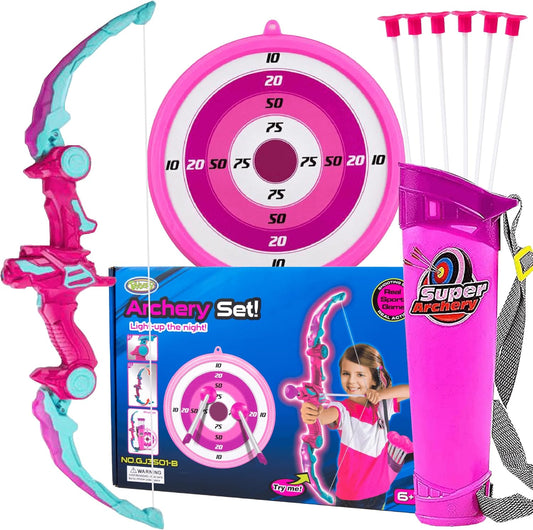 Toysery Kids Archery Set with LED Flash Lights, Toy Bow and Arrow Set for 6-8 Years Old Boys, Includes Archery Bow, 6 Archery Arrows, Target, Quiver - Great for Youth Practice