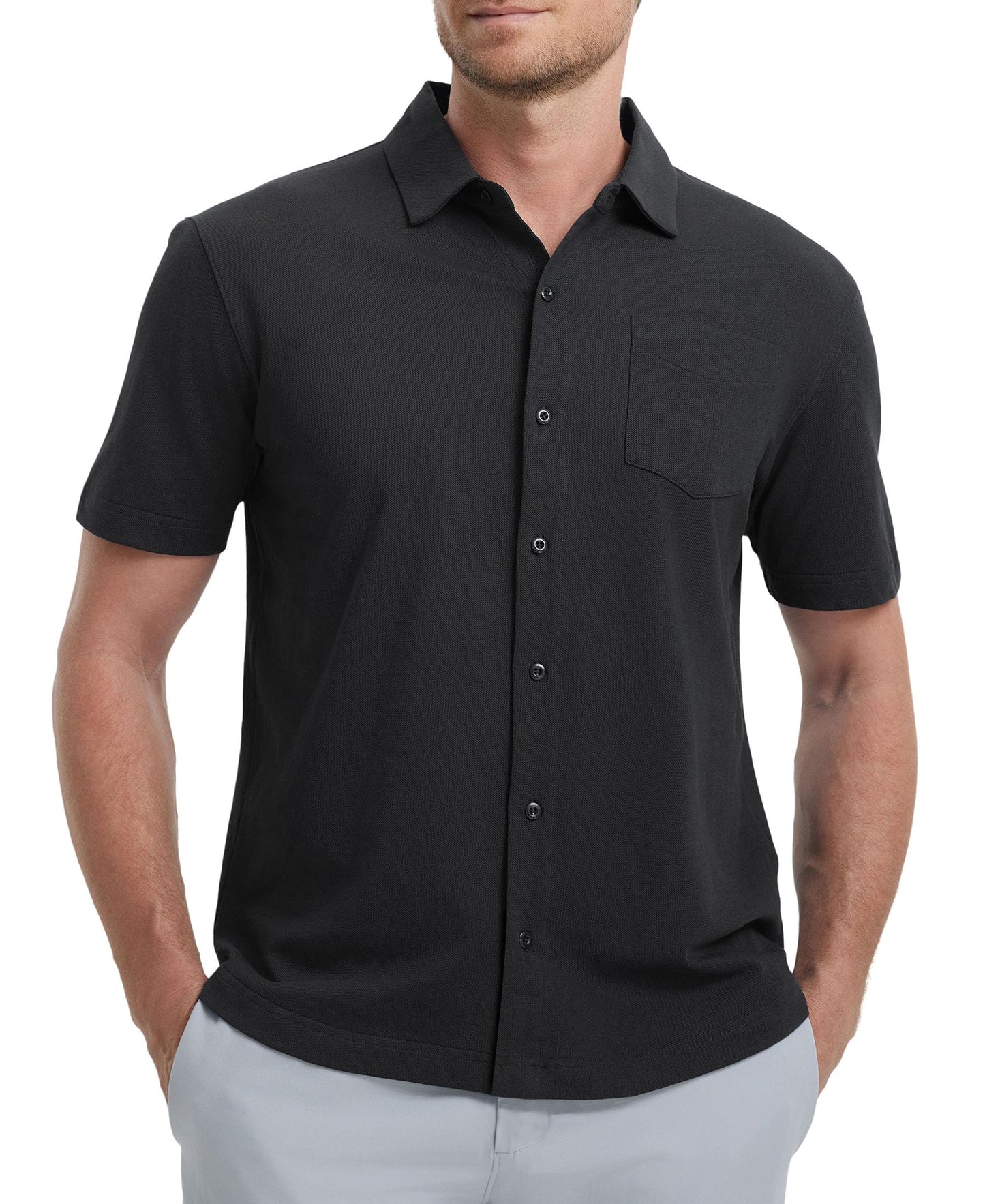 M MAELREG Mens Short Sleeve Button Down Shirt Pique Performence Business Cotton Blend Casual Fitted Shirt for Men Black